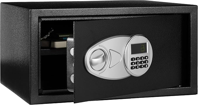 Amazon Basics Steel Security Safe Box with Digital Keypad, for Valuables, Cash, Jewelry, Documents, Removable Shelf, Black, 1 Cubic Foot, 16.9"x14.6"x9.1" (WxDxH)