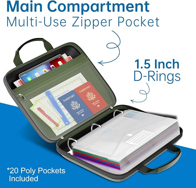 Fireproof Binder Organizer with 20 Pack Binder Pockets & Lock,Green | Important Document Box with Zipper,Water Resistant Hard Case, Portable Home Office Safe Storage Protection for Letter Size