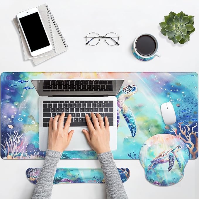 Keyboard Mouse Pad Set, 4 in 1 Desk Mat Set, Sea Turtle Cute | Ocean Large Mousepad+Keyboard Wrist Rest+Mouse Wrist Rest+Coaster Ergonomic Design for Home Office Computer