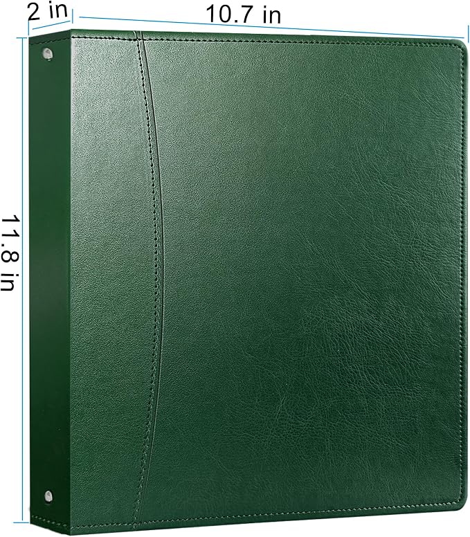 Vintage Faux Leather 3-Ring Binder, 2-Inch Spine, Round Ring, Fits Letter Size 8.5" x 11" Paper, Built-in Interior Pockets, Professional Document Binder (Green, 2 Inch)
