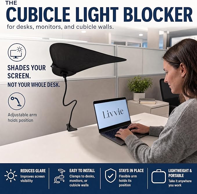 Livvie Desk Shade – Clip-On Cubicle Shade Block Overhead Lights and Glare
