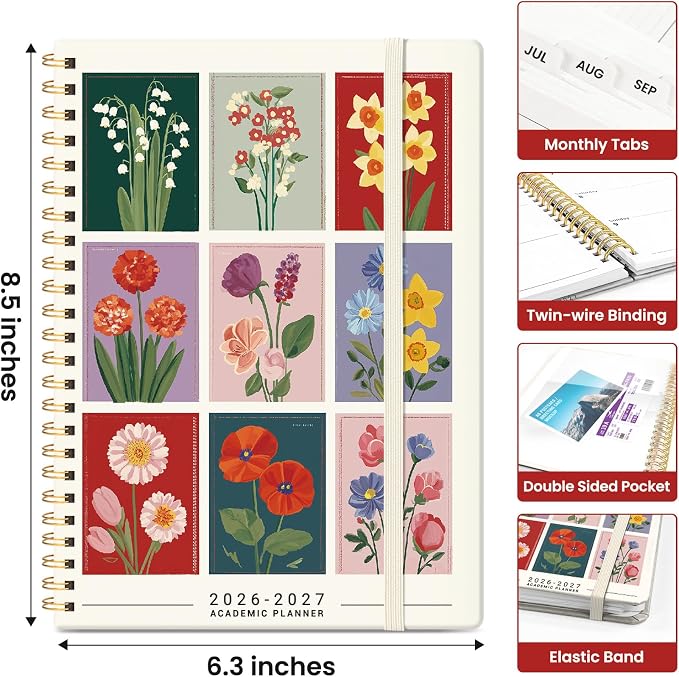 Taja Planner 2026-2027, Jul 2026-Jun 2027 Monthly & Weekly Calendar Planner | 6.3" x 8.5", Hardcover Academic Calendar, Teacher Student Agenda Book with Tabs, School Office Supplies, Floral Gallery