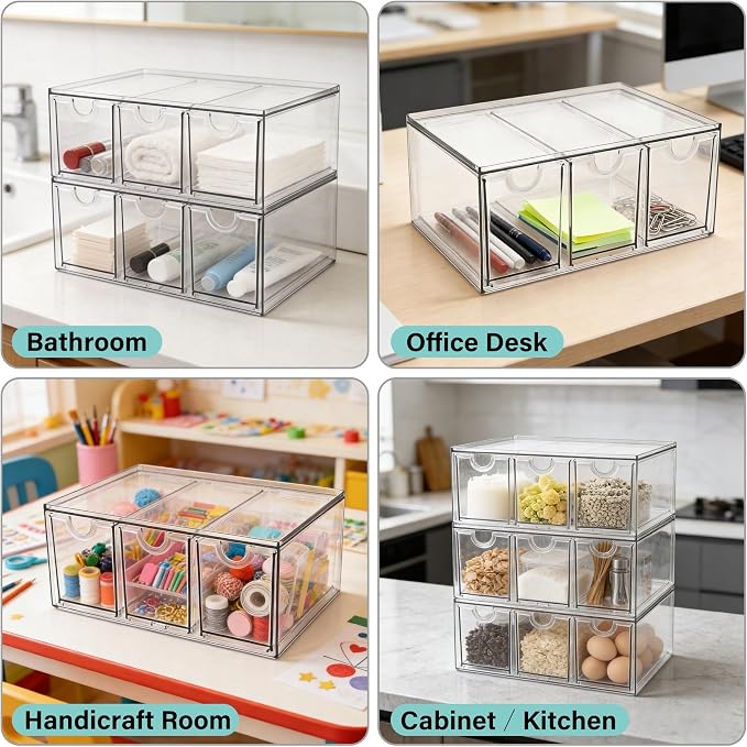 Prsildan Acrylic Makeup Organizer Stackable Storage Drawers with 3 Drawers for Office Desk Vanity Craft Room Clear Drawer Organizers for Hair Accessories Art Supplies Cosmetics Modular System