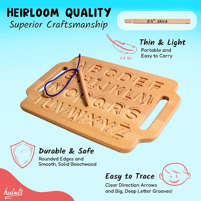 Hulats Learn to Write: Portable Wooden Alphabet Letter Tracing Sensory Pad Board - Toddler Writing Practice for Kids Age 3-5, Montessori Toys for 3+ Year Old, Letter Tracing for Kids 3-5 Writing Tools