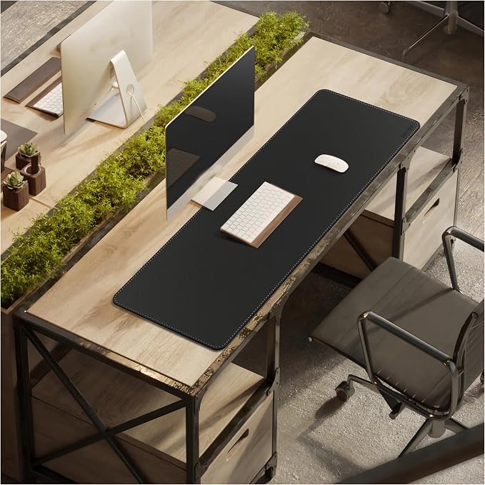 CENNBIE Leather Desk Mat - 43.6" x 16" Oversized Mouse Pad, Black | Premium Stitched Edges Resist Wear. Waterproof, Non-Slip & Easy To Clean. Protects Desk From Scratches. For Office & Home.