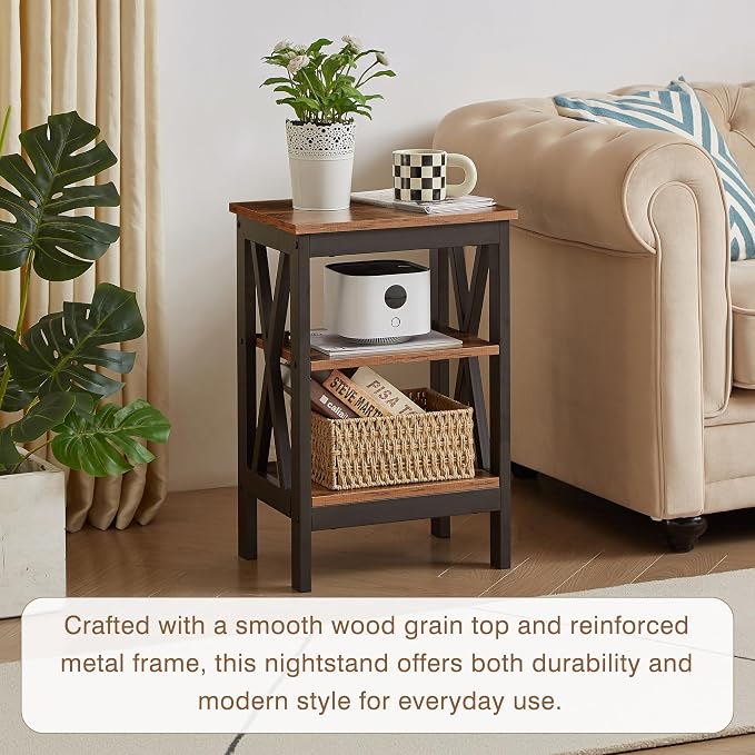 VECELO End Table, Bedside Table, 24" Tall Living Room End Tables, X-Design Reinforced Nightstands, Side Table with 3-Tier Storage Shelves for Small Spaces, Office, Bathroom, Bedroom, Retro Brown