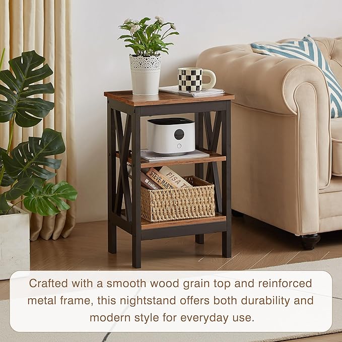 VECELO End Table Set of 2, Bedside Table, 24" Tall Living Room End Tables, X-Design Reinforced Nightstands, Side Table with 3-Tier Storage Shelves for Small Spaces, Office, Bathroom, Bedroom, Brown