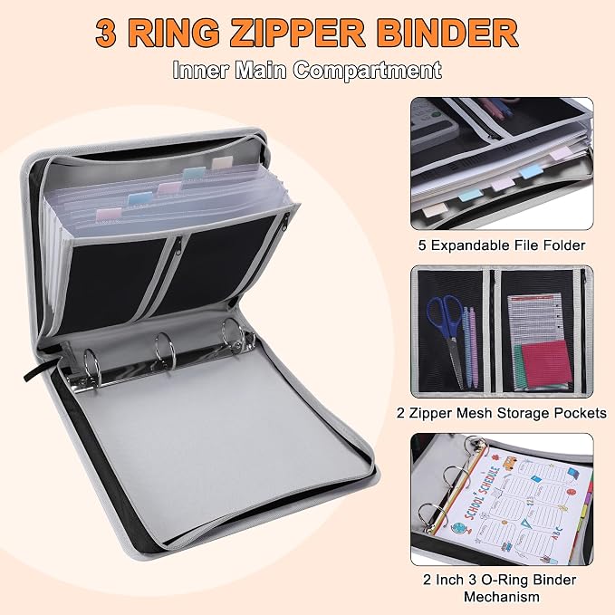 Ndsox Zipper Binder 3 Ring with Handle, 2 Inch O-Ring Document Organizer Middle School Binder with Zipper for Students, 5-Tab Expanding File Folder & 2 Mesh Pouches, DIY Clear Front Pocket, Black