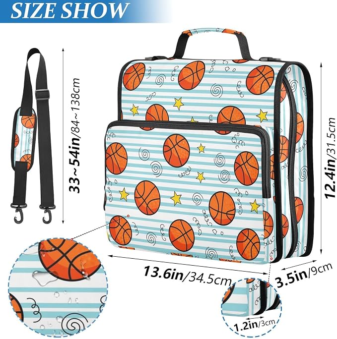 Basketball Stars Print Zipper Binder Bag 3 Ring with Shoulder Strap & Handle Multi Pocket Binder Organizer Bag Large Capacity for School Office Supplies