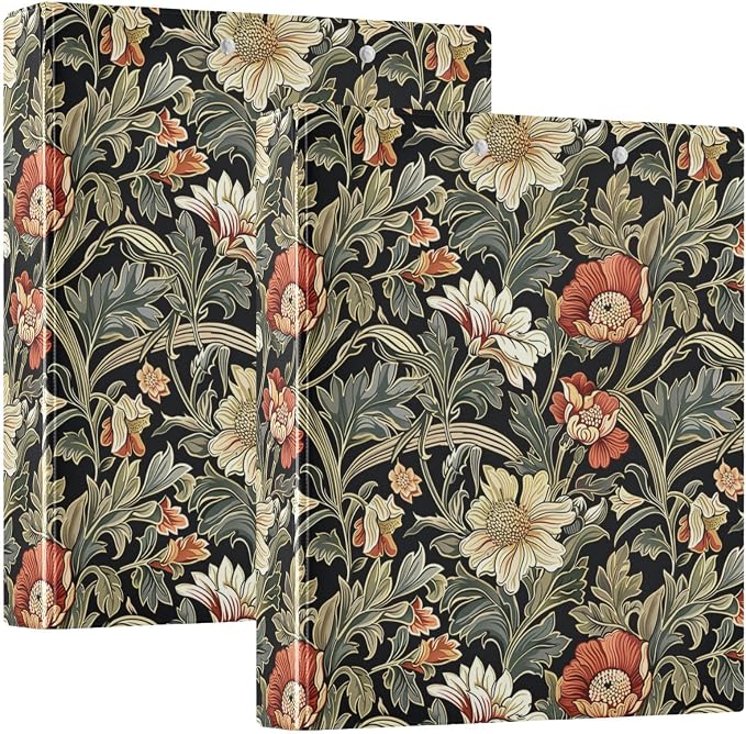 Vintage Sage Green Floral Binder 1.5 Inch Binder with Clipboard&Pockets, Retro Green Black Hardcover Binders 3 Ring, Heavy Duty Large File Folder for Office School Supplies - Holds 200 Sheets, 2 PC