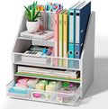 Wooden Desk Organizer - Mesh File Organizer with Drawers and Pen Holder - 4-Tier Vertical Paper Letter Storage Tray, Desktop Organizers and Accessories for Home Office （White