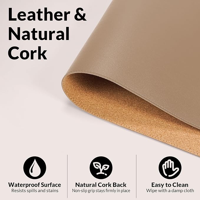 AFIING Cork Desk Mat, Dark Apricot, 35.4" x 17", Desk Pad Protector | Dual-Sided Cork & PU Leather, Waterproof, Non-Slip for Mouse, Writing, Office, Home