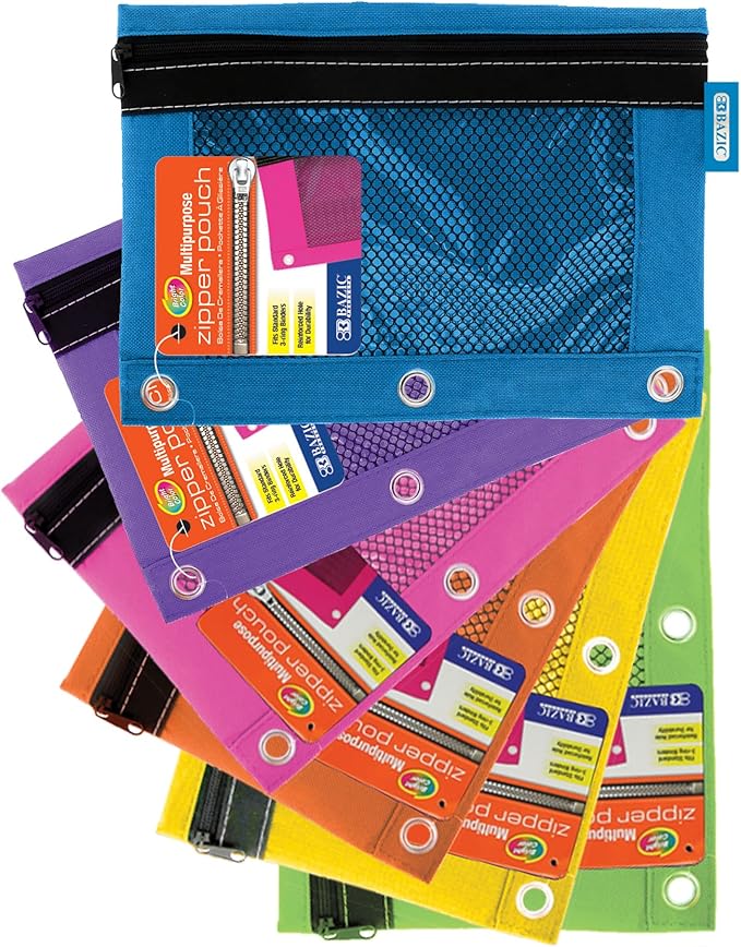 BAZIC PRODUCTS Bright Color 3-Ring Pencil Pouch with Mesh Window | clear mesh window and a zipper closure for pens, pencils, supplies