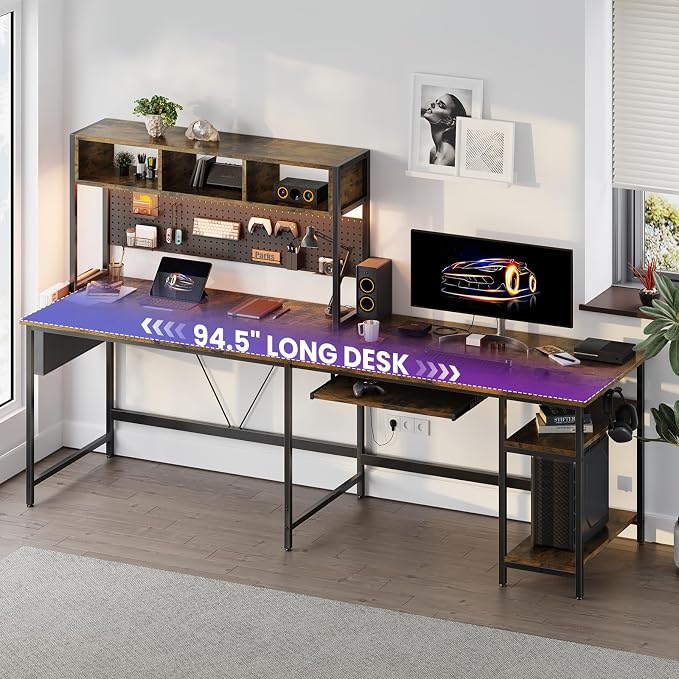 DUMOS 67" L Shaped Gaming Desk, Reversible Computer Desks with LED Lighting | Corner Desk for Compact Spaces, Keyboard Tray & Storage Shelf, Home Office, Rustic Brown