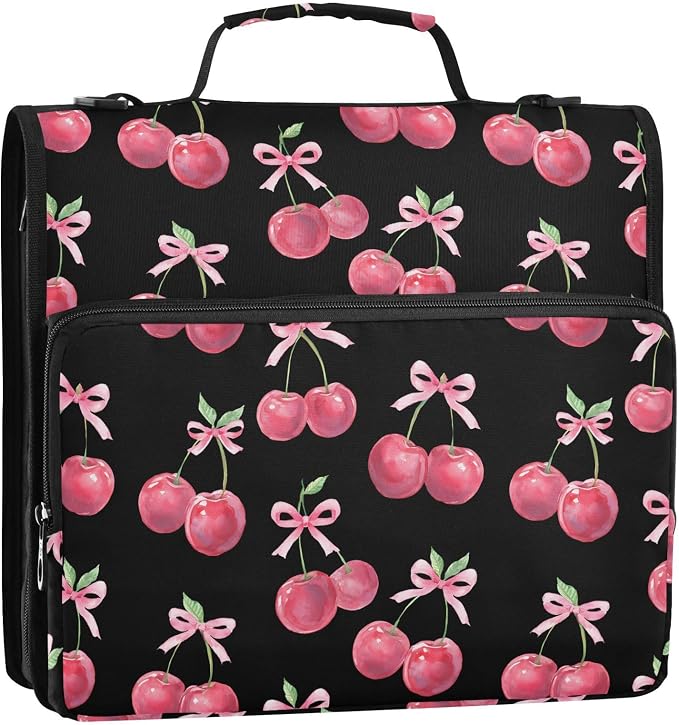Watercolor Cherry Bow 3 Ring Binder Bag 1.5 inch Binder Organizer with Zipper Shoulder Strap 500 Sheet Documents Storage for School Office
