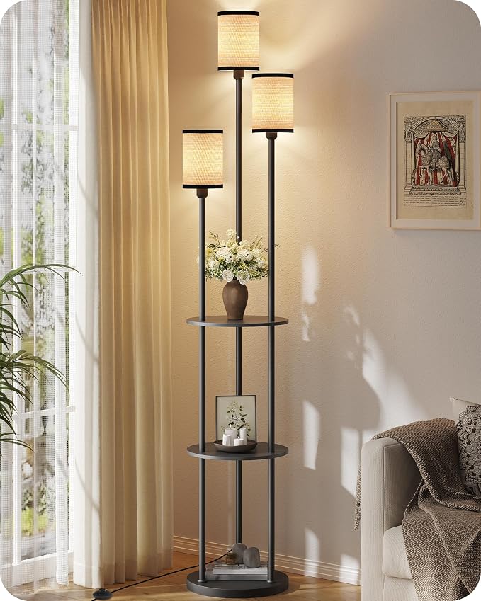 Floor Lamp with Shelves, for Living Room, 3-Light Standing Lamp | Modern Floor Lamp with Foot Switch, 3-Tier Shelf, 70.9" Tall Lamp, for Bedroom, Study, Office, Black and Yellow YB53LD05