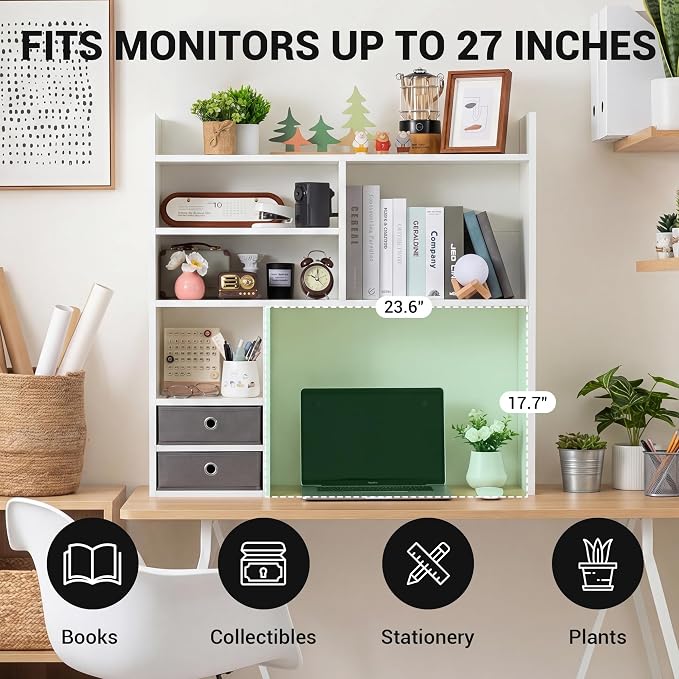 deli Desktop Bookshelf, High-Capacity Desk Hutch Organizer, White | with 7 Shelves and 2 Drawers for Computer Desk, Desk Shelf Organizer for Dorm Office Home