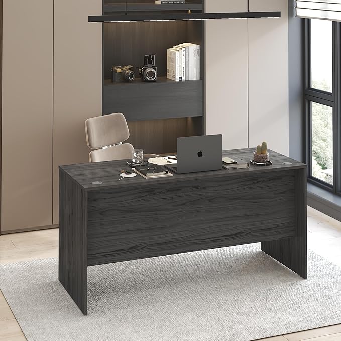 Furinno Roger Computer Desk, 60 Inch Rectangular Executive Desk with Modesty Panel, Home Office Desk with Thick Tabletop, Desk Cord Grommet, Scratchproof, for Home Study, Office, Coastal Grey