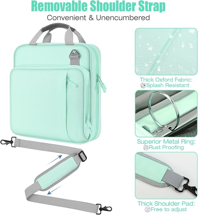 MoKo Zipper Binder, 2 Inch 3 Ring Binder with Zipper, 500 Sheet Capacity Zip Up Binders with Shoulder Strap Handle, Multi-Pocket Zip Up Binders for Middle School Student, Mint Green