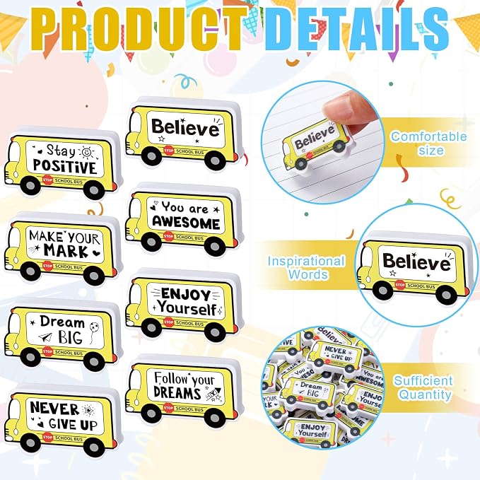 50 Pcs Mini Bus Erasers Bulk Inspirational Back to School Gift