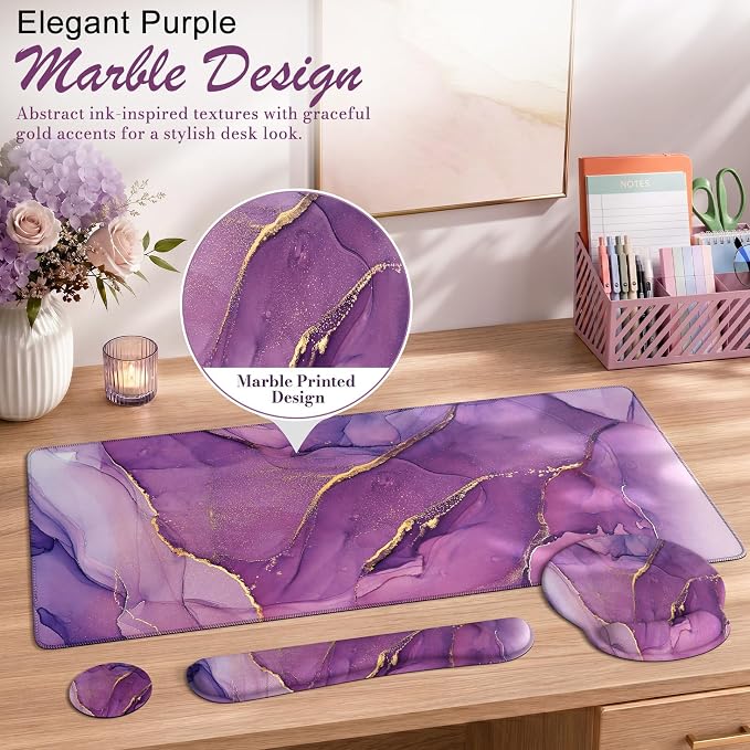 iCasso Purple Keyboard Mat 35.4"x15.7", Desk Blotter for Workspace | Mousepad Set with Wrist Support and Coaster Set, Cozy Desk Cover Set for Gaming Vanity Women Office Workspace Area