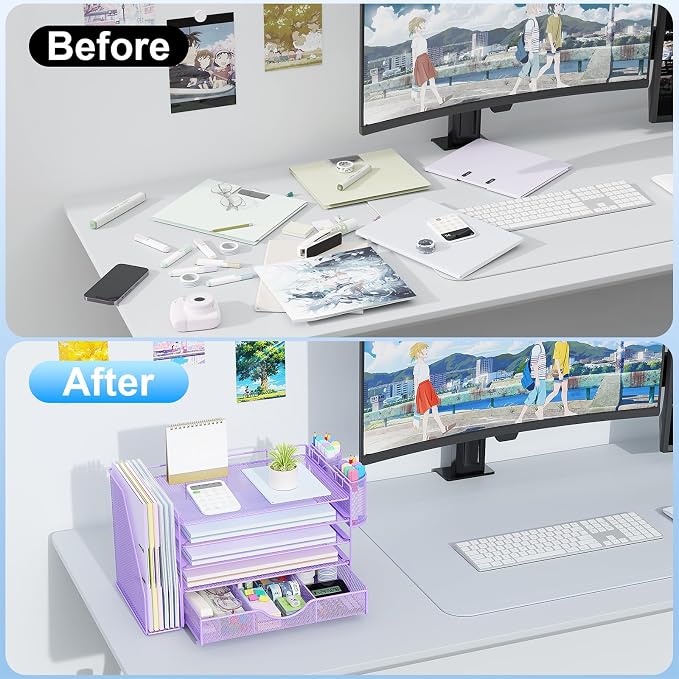 gianotter 5-Tier Desk Organizer with Drawers and File Holders | Letter Trays and Pen Holders - Workspace Accessories for Office Supplies (Light Purple)