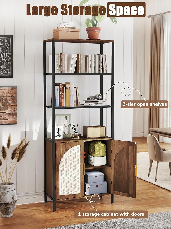 71" Tall Rattan Bookcase with LED Light, 3 Open Shelves & 2 Door Storage Cabinet, Mid Century Boho Bookshelf, Open Display Bookcase for Living Room, Home Office, Bedroom
