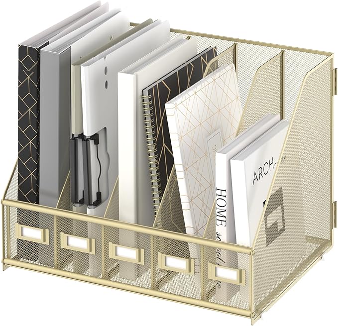 Desk Organizers Metal Desk Magazine File Holder with 5 Vertical Compartments Rack File Organizer for Office Desktop, Classroom, Home Workspace, Golden Yellow