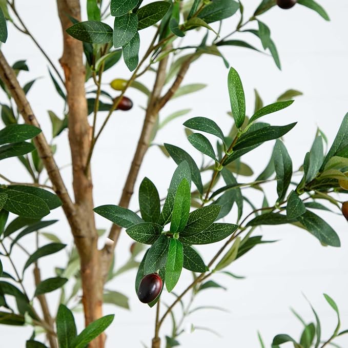 Nearly Natural 9 ft Artificial Olive Tree with Natural Trunk Floor Plant | Lifelike Fruits and Minimalist Leaves, Non-Decorative Nursery Planter, Elegant Statement Piece for Foyer or Office Decor