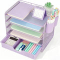 LEKETREE Desk Organizers and Accessories, 5-Tier Paper Letter Tray Organizer with Drawer & 2 Pen Holders, Desktop Organizer for Office Supplies (Purple)
