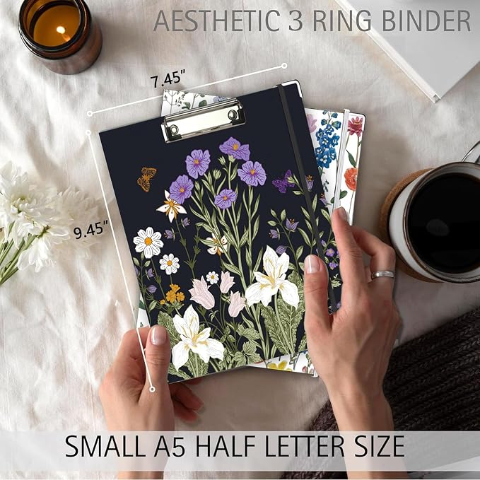 Mini Binder 3 Ring 1 Inch for 5.5"x8.5" Paper, Cute Small Three Ring Binders with Clipboard, 5-Tab Dividers, Spine ID Label Holder, BVSSX A5 Binder with Pen Holder, Black Weeds