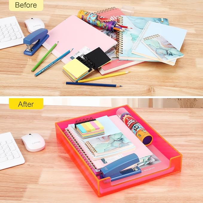 Paper Tray Acrylic File Organizer for Desk Letter Tray Desk Organizer Document Holder Sorter Storage for A4 Office Supplies Magazines, 13.8x10.6x2.4 Inches, Neon Pink