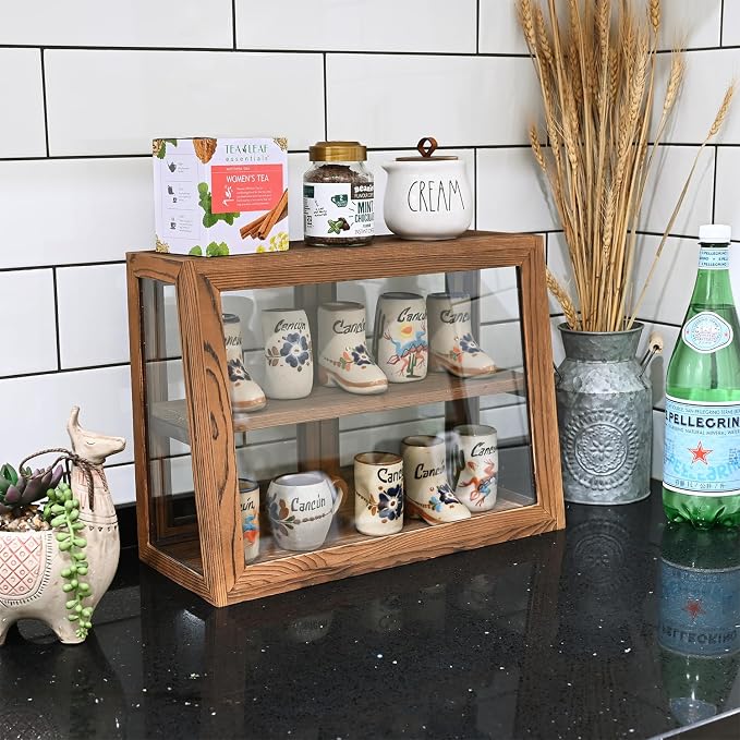 MOOCA Wood 4 Sides Glass Display Case with Double Doors, Adjustable Shelf | Brown wood-and-glass display case with double doors and adjustable 2-level storage for collectibles, jewelry, or pastries.