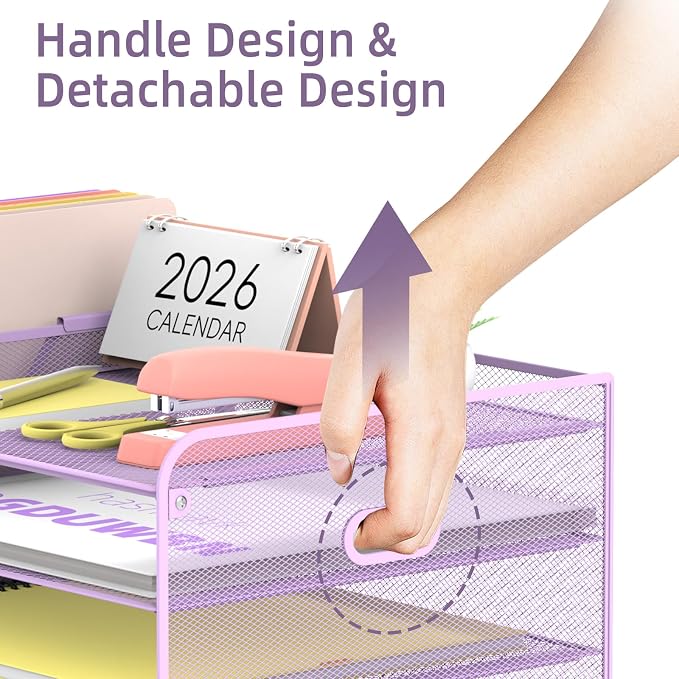 Mesh Desk Organizer with File Holder, 5-Tier Paper Letter Tray Organizer with Magazine Holder, Desktop Organizer and Storage with Drawer for Office Supplies Home or School (Purple) | Two side magazine holders and a bottom drawer store papers, folders, ...