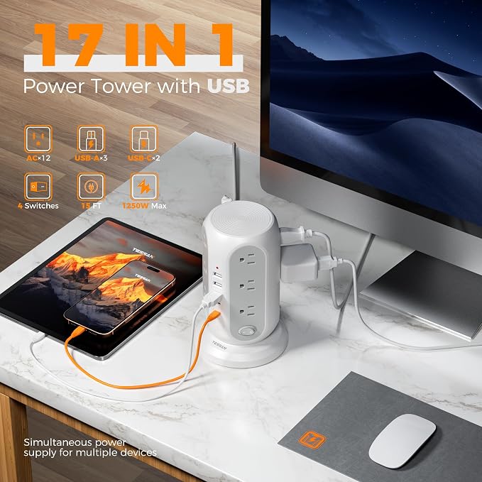 TESSAN Tower Power Strip Surge Protector, Flat Extension Cord 15 Ft, Grey | Individual Switches with 12 Outlets, 5 USB Ports(2 USB C), Flat Plug, Charging Station for Multiple Devices, Office, Dorm