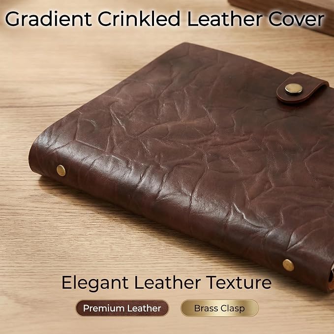 Refillable A5 Leather Binder Journal Soft Cover Notebook, Vintage Crinkled Leather Organizer with 6 Ring Binder, 148 Lined Loose Leaf Pages, Pen Holder, Pocket & Card Slots, for Work Study Daily, Coffee