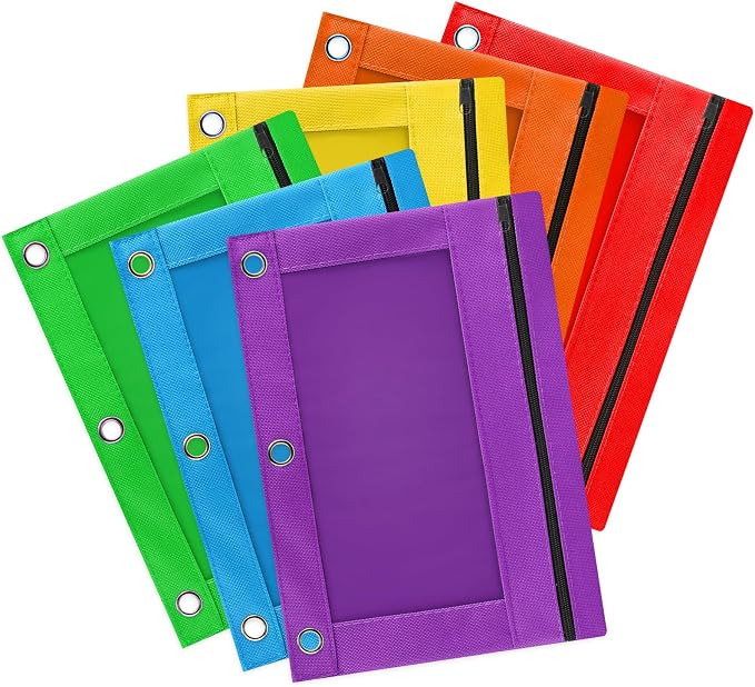 Pencil Pouch for 3 Ring Binder, 6 Pack Zipper Pencil Pouches in Assorted Colors, Durable Binder Pencil Case Bag for Office School College Supplies (6c-2601)