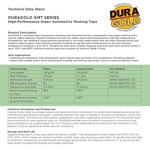Dura-Gold Green Automotive Masking Tape 1 Inch (24mm x 55 Yards), 3 Rolls - Premium High-Performance, Heat Resistant - Auto Refinish Painting, Car Detailing, Autobody, Industrial, Painters Tape