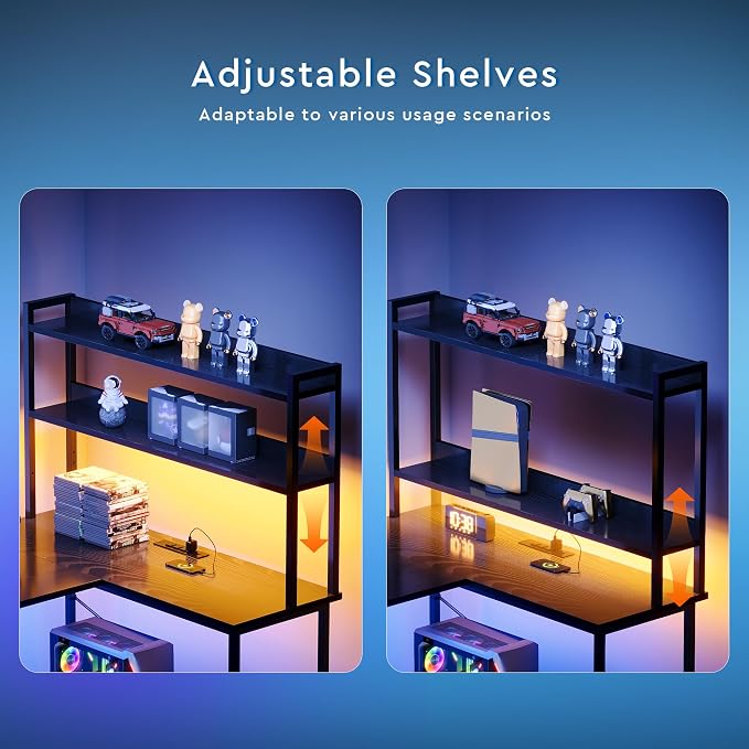L Shaped Gaming Desk, Reversible with LED Lights, Shelves, Charging, Black | Reversible, LED lights, Charging, Monitor stand