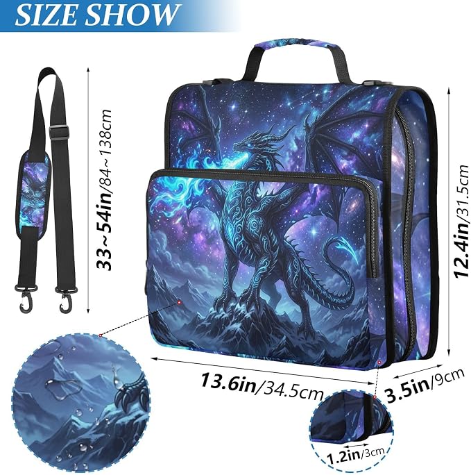 Dragon Pattern 3 Ring Zipper Binder with Shoulder Strap & Handle 2 Inch D-Ring Zippered Binder Bag with Multiple Pocket & Pencil Pouch, Binder Organizer for School or Office