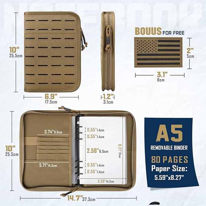 Molle Notebook Cover with Detachable A5 Clear Plastic 6-Ring Binder | 6.9x10" Zip Book Cover, 80 Refill Line Papers, 1“ O-Ring Padfolio binder, for Gift Planners Travel Feild Work School