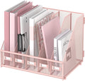 Desk Organizers Metal Desk Magazine File Holder with 5 Vertical Compartments Rack File Organizer for Office Desktop, Classroom, Home Workspace, Pink