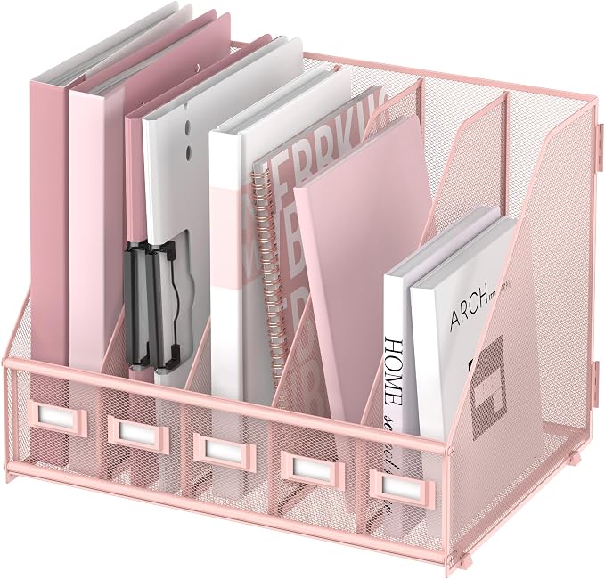 Desk Organizers Metal Desk Magazine File Holder with 5 Vertical Compartments Rack File Organizer for Office Desktop, Classroom, Home Workspace, Pink