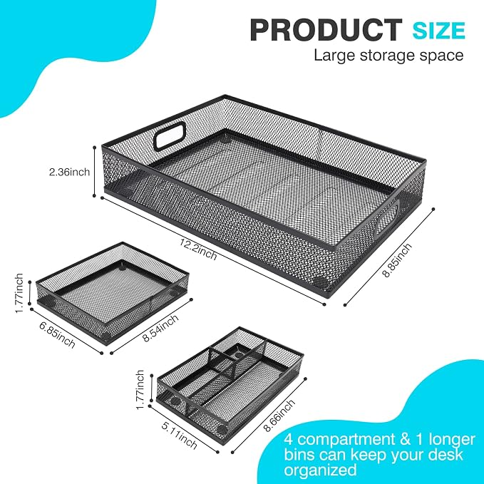 Office Drawer Organizer 3 Pack, Office Supplies Desk, Black Mesh Drawer Organizer Hold Pens & A4 Sized File, 12 x 9 Inches Visit the Store