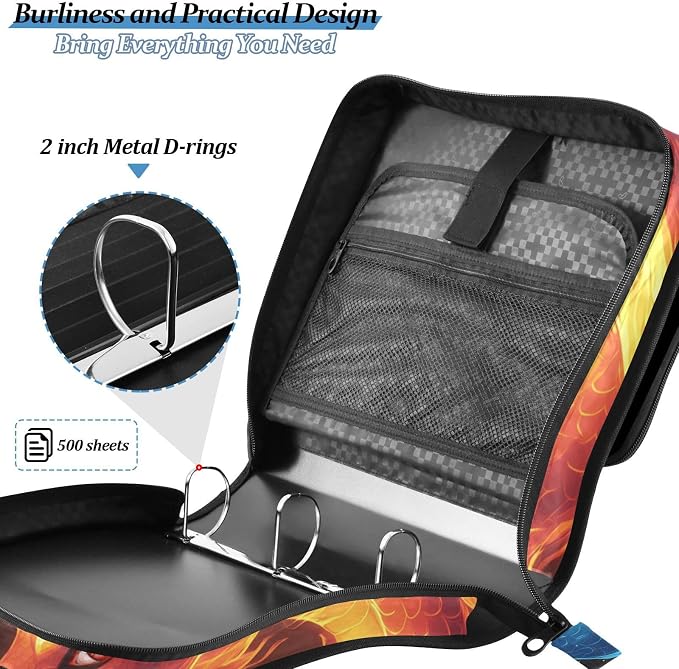 Red Blue Dragons Fire Eyes 3 Ring Binder Bag 1.5 inch Binder Organizer with Zipper Shoulder Strap 500 Sheet Documents Storage for School Office