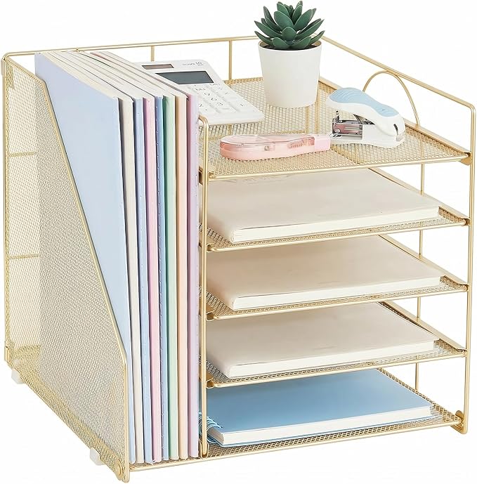 LEKETREE Desk Organizers and Accessories, 5-Tier Paper Letter Tray Organizer with File Holder, Desktop Organizer for Office Supplies (Gold)
