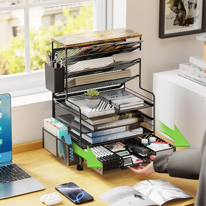 Ekisemio 8 Tier Desk File Organizer with Sliding Drawer, Desktop Organizers and Accessories, Letter Size File Organizer for Desk, Black