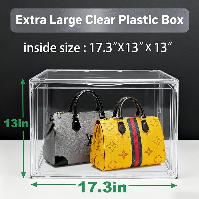 4 Pack XXX-Large Acrylic Handbag Purse Organizer for Closet | 17.3''x13''x13'' Big Display Case Handbag Storage Box with Magnetic Lid,Clear Storage Bins for Bag,Helmet,Figure Collectibles