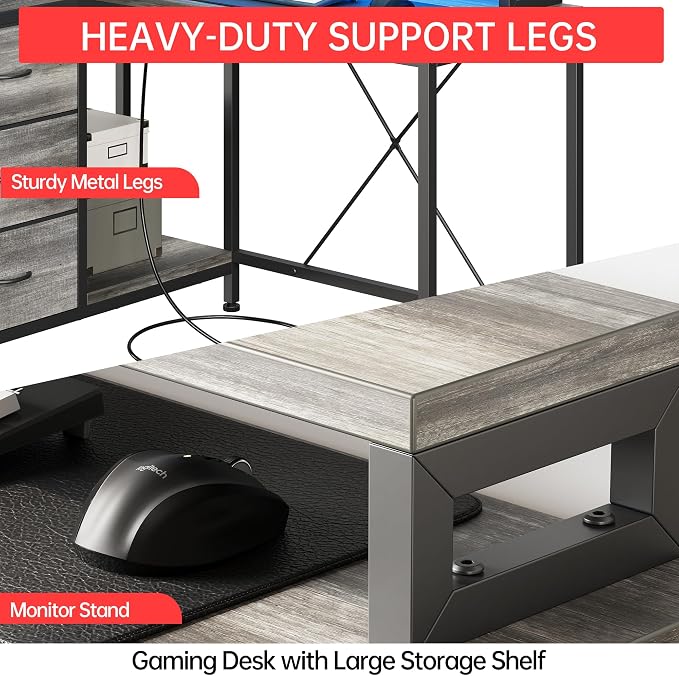Hetoy L-Shaped Computer Desk with Charging Station – Corner Gaming Desk with LED Lights, Drawers & Storage Shelves for Home Office Use, Oak