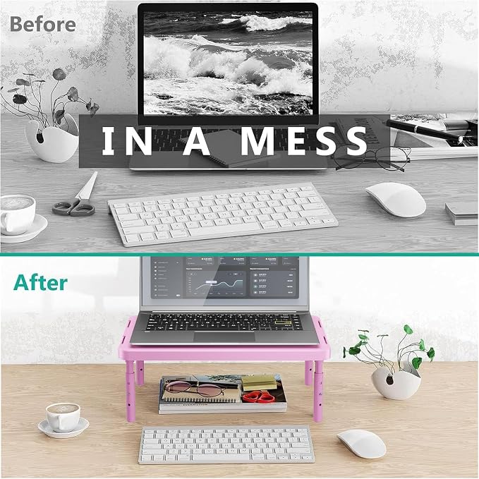 WALI Computer Monitor Stand for Desk, Adjustable Laptop Riser, up to 44 lbs | Desk Monitor Riser Underneath Storage, Fits Notebook, Laptops, Printers, for Home, Office, School (PTT001-P),1 Pack, Pink